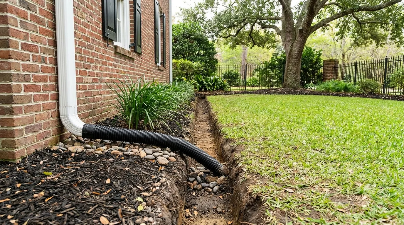A buried drain line connecting a house downspout to an underground pipe in a Charleston yard
