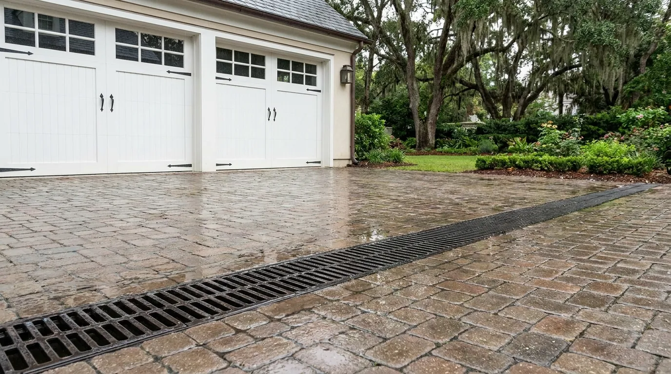 A trench drain set across a driveway apron to intercept runoff before a Charleston garage