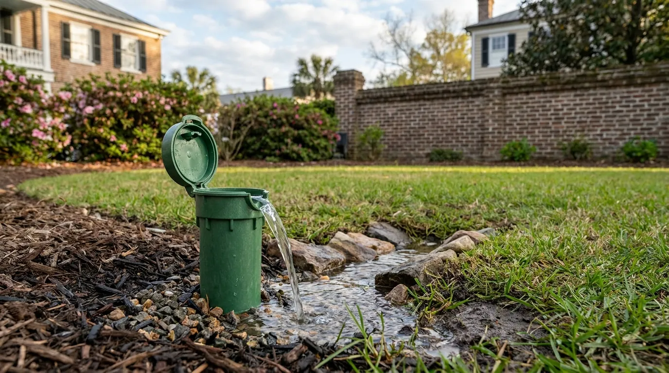 A buried dry well basin and a pop-up emitter in a lawn serving as drainage outlets in Charleston