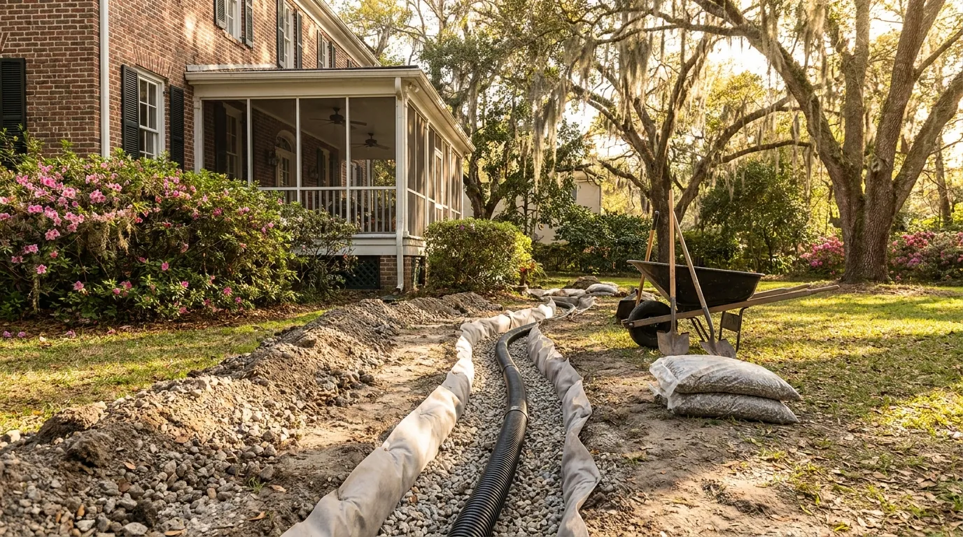 A gravel-filled french drain trench with perforated pipe in a Charleston back yard