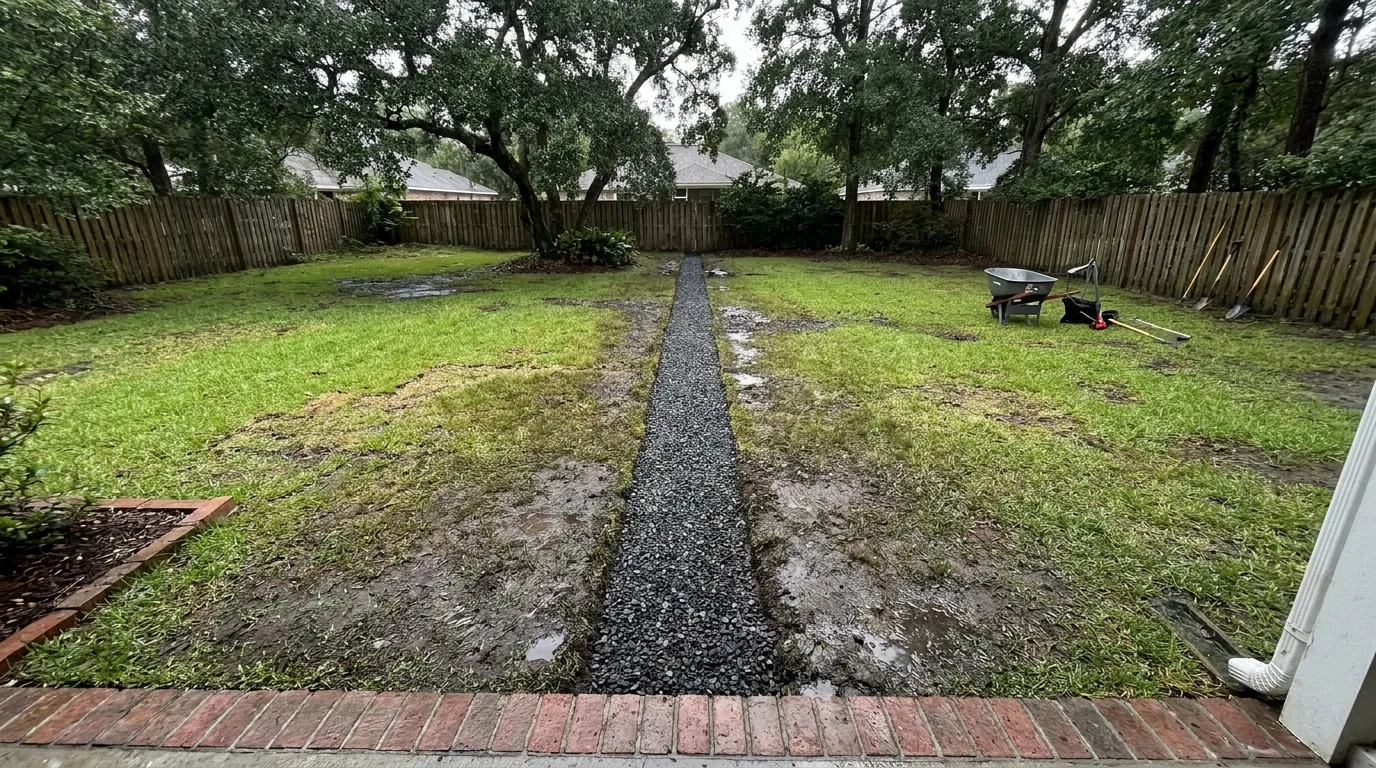 Gravel-filled french drain trench cut across a wet Charleston backyard