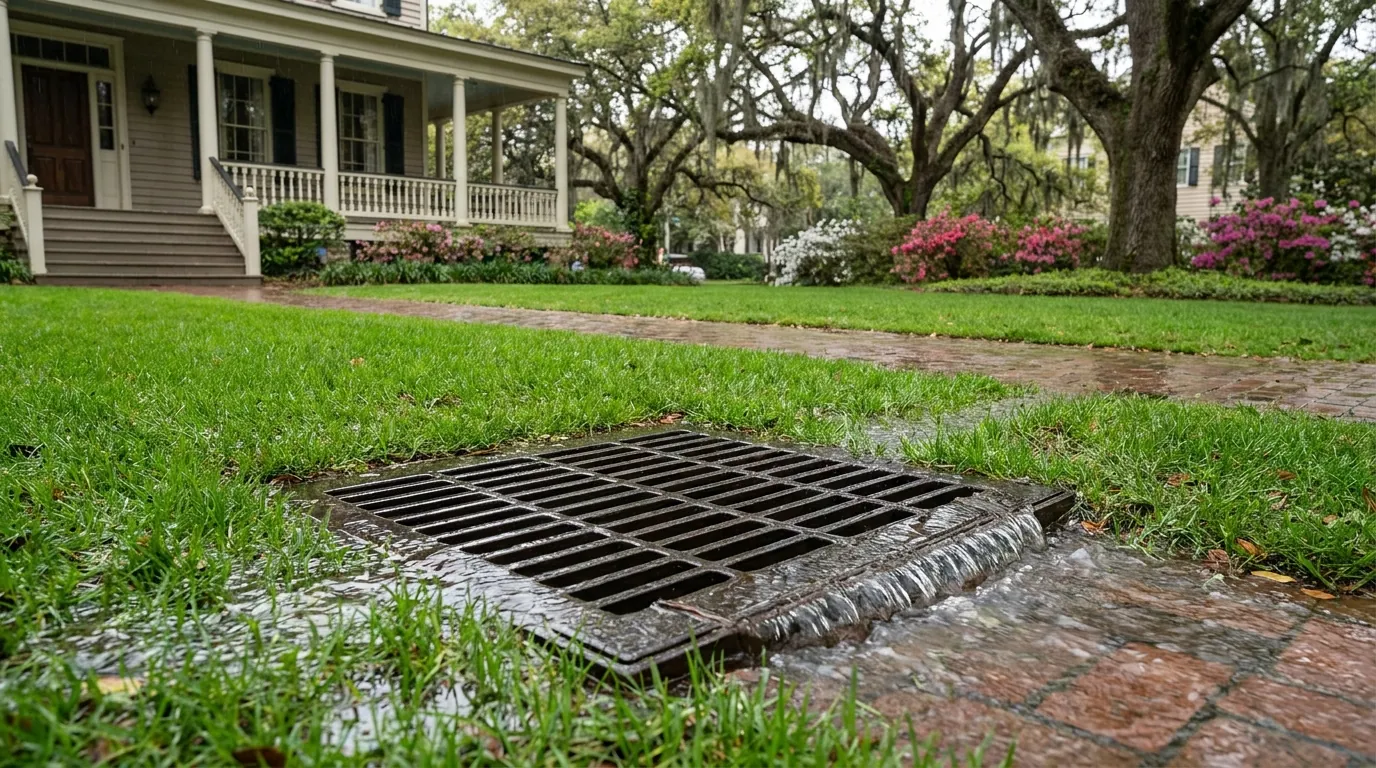 A grated catch basin set into a low spot in a Charleston lawn