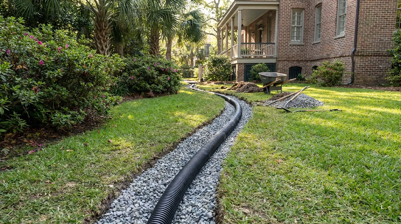 Standing water in a Mount Pleasant, SC backyard after heavy rain