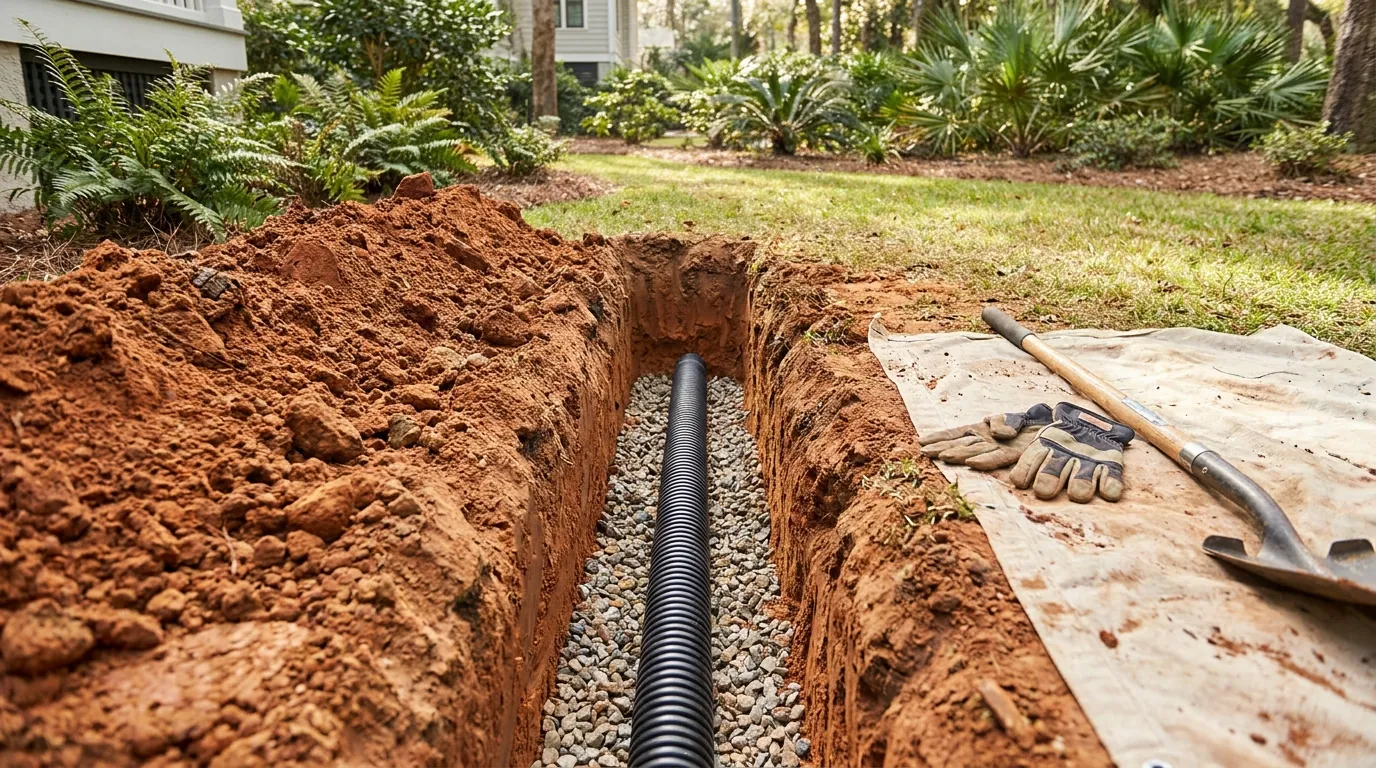 Repair excavation exposing a french drain pipe in Charleston clay soil