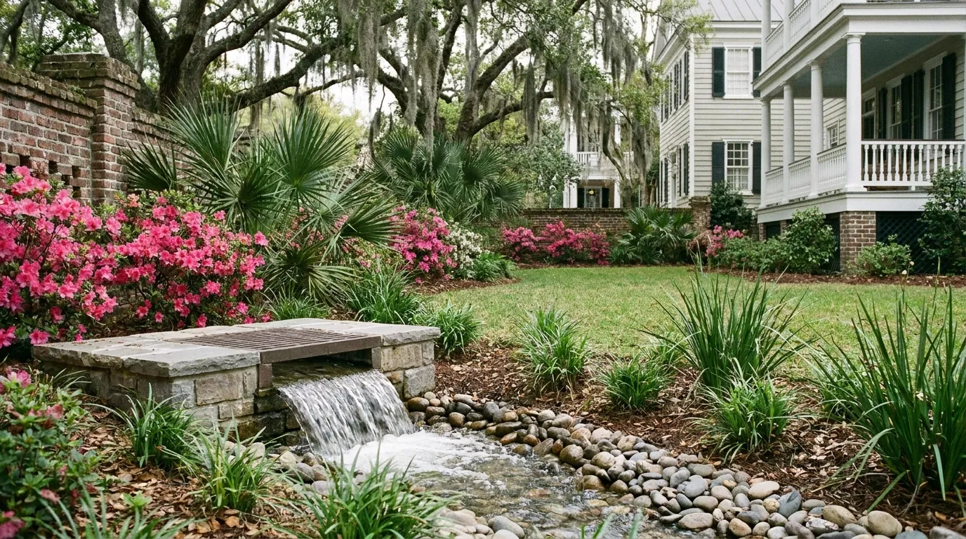 Water flowing from a french drain outlet in a Charleston yard