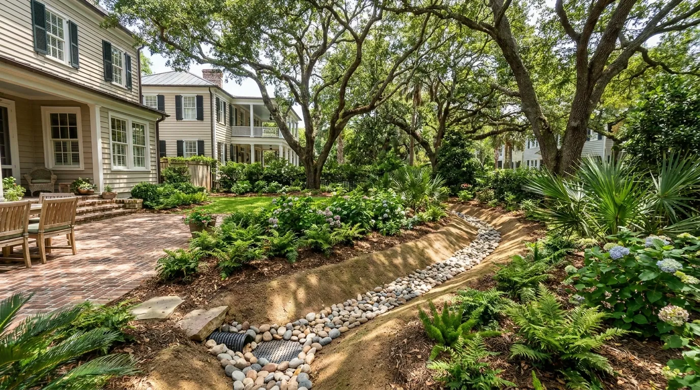 A graded yard with a shallow grassed swale directing runoff away from a Charleston home